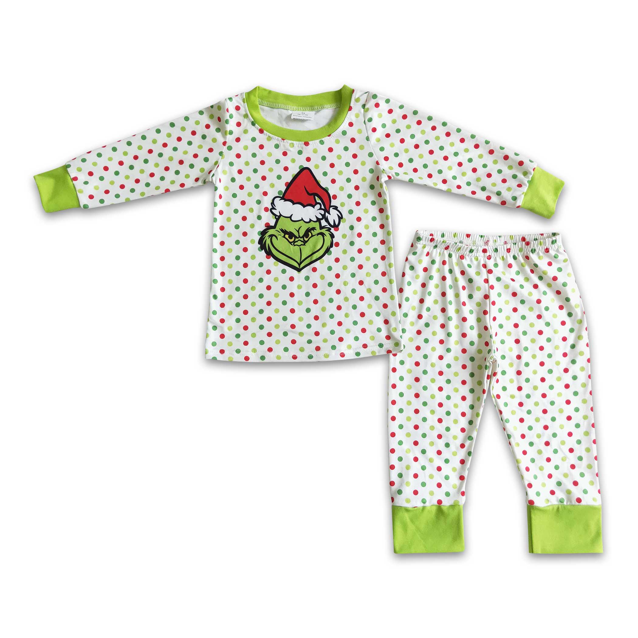Green face polka dots stripe baby kids Christmas pajamas - Image 3
