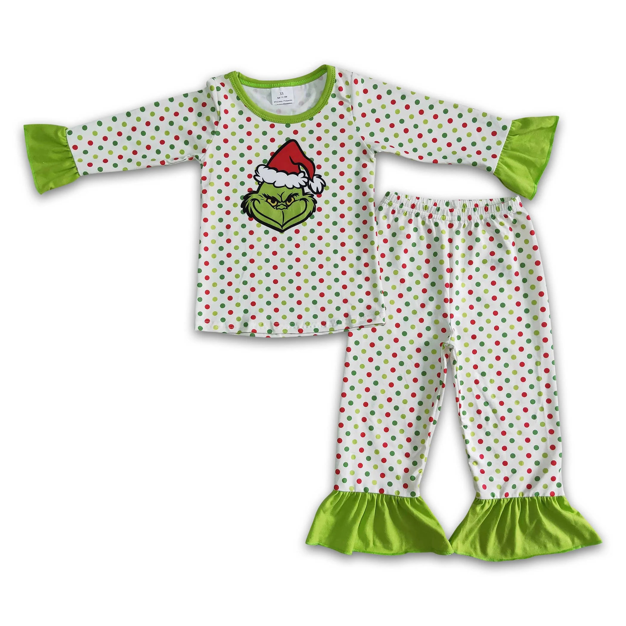 Green face polka dots stripe baby kids Christmas pajamas - Image 4