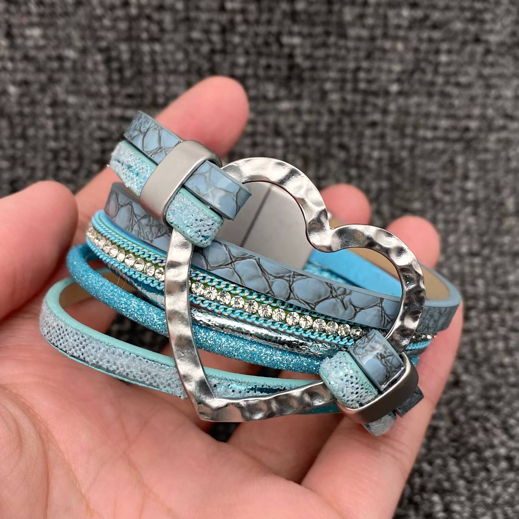 Heart Charm Rhinestone Leather Magnetic Buckle Bracelet -LB - Image 3