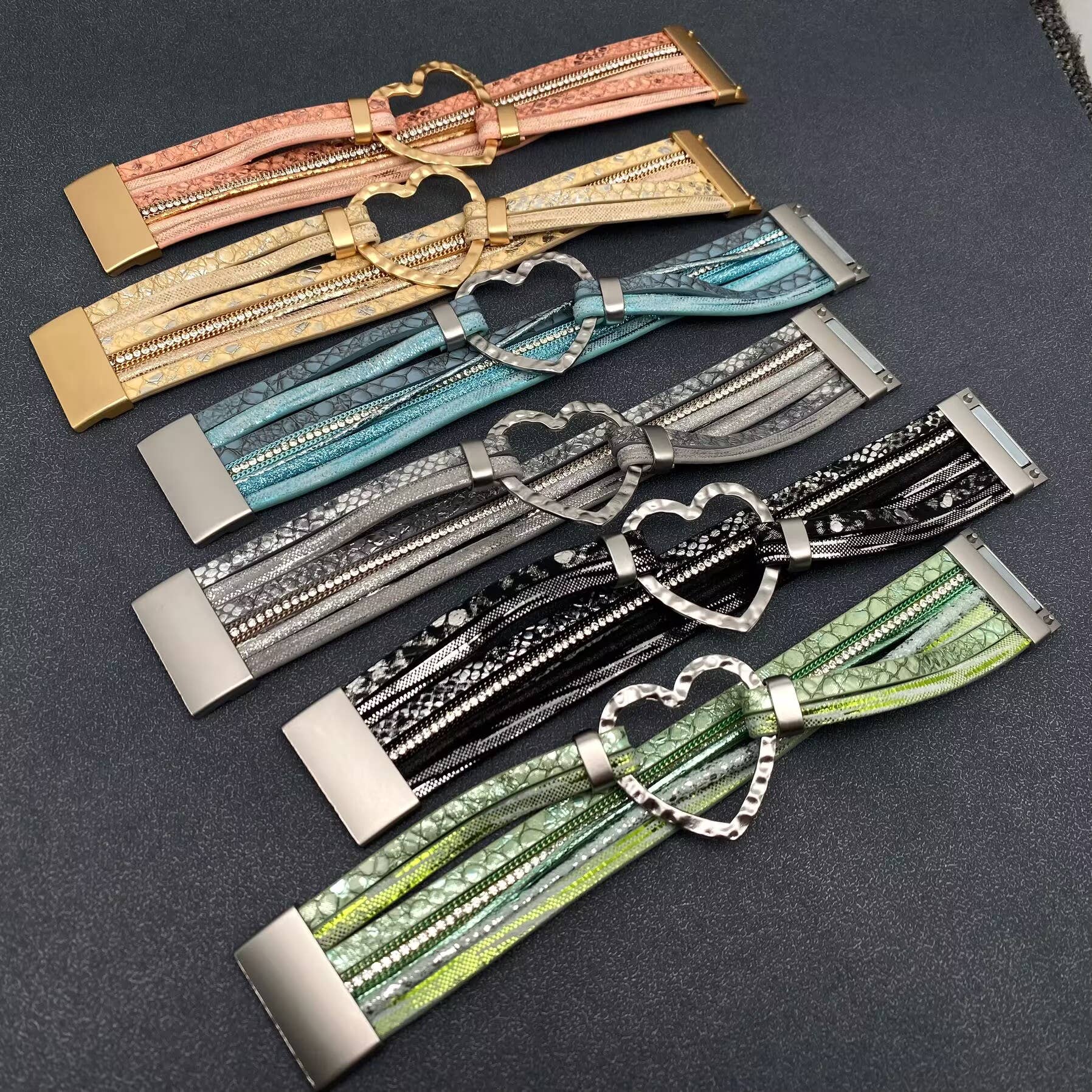 Heart Charm Rhinestone Leather Magnetic Buckle Bracelet -LB - Image 4
