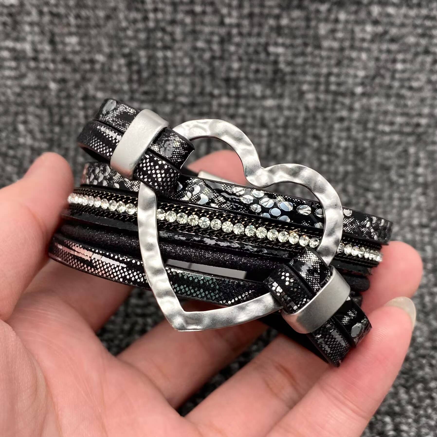 Heart Charm Rhinestone Leather Magnetic Buckle Bracelet -LB - Image 7