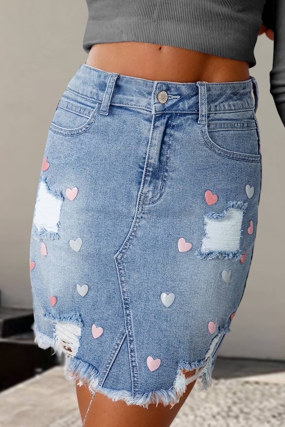 Heart Print Valentine's Distressed Denim Mini Skirt | S-XL