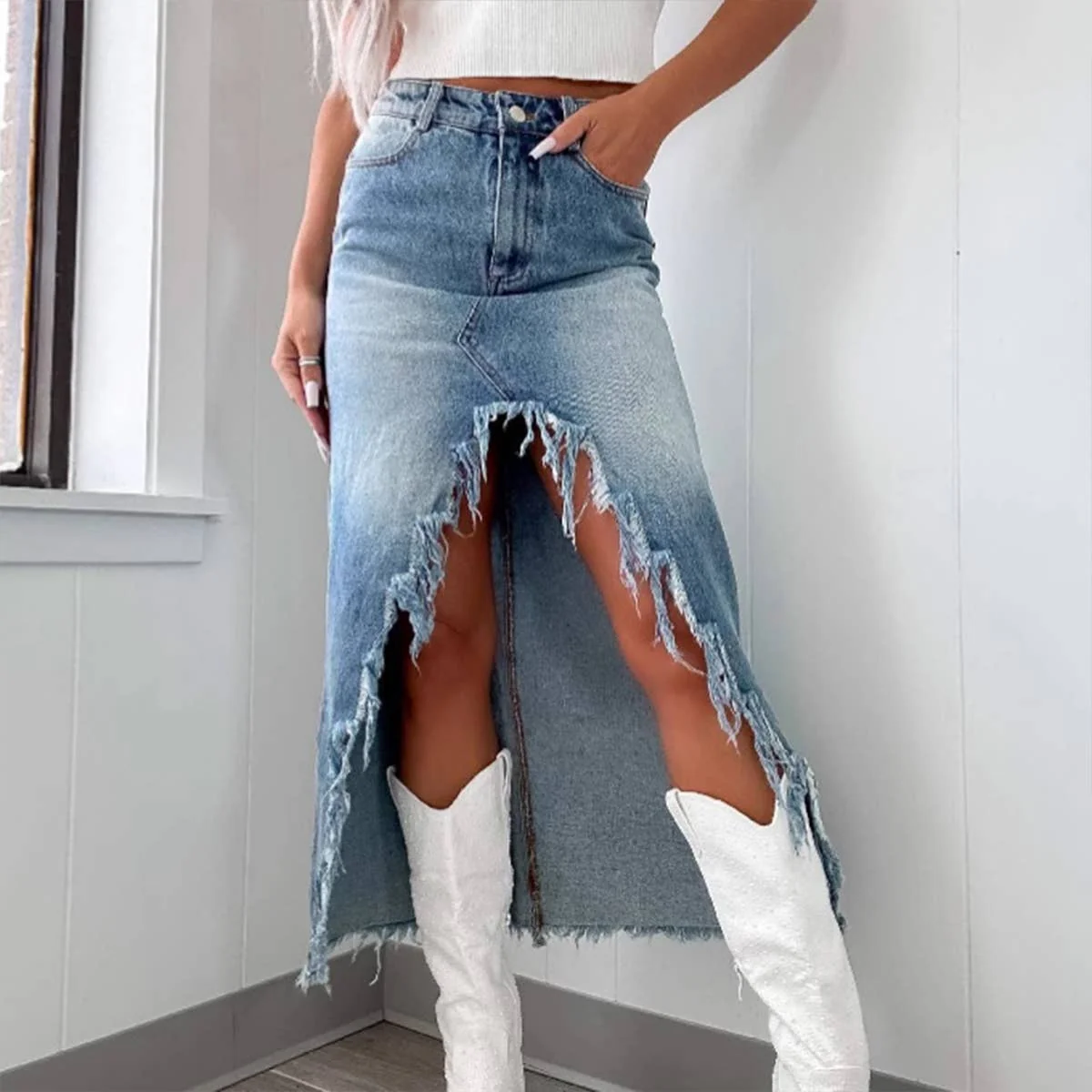 HIGH WAIST IRREGULAR TO MAKE OLD WASHED SKIRT