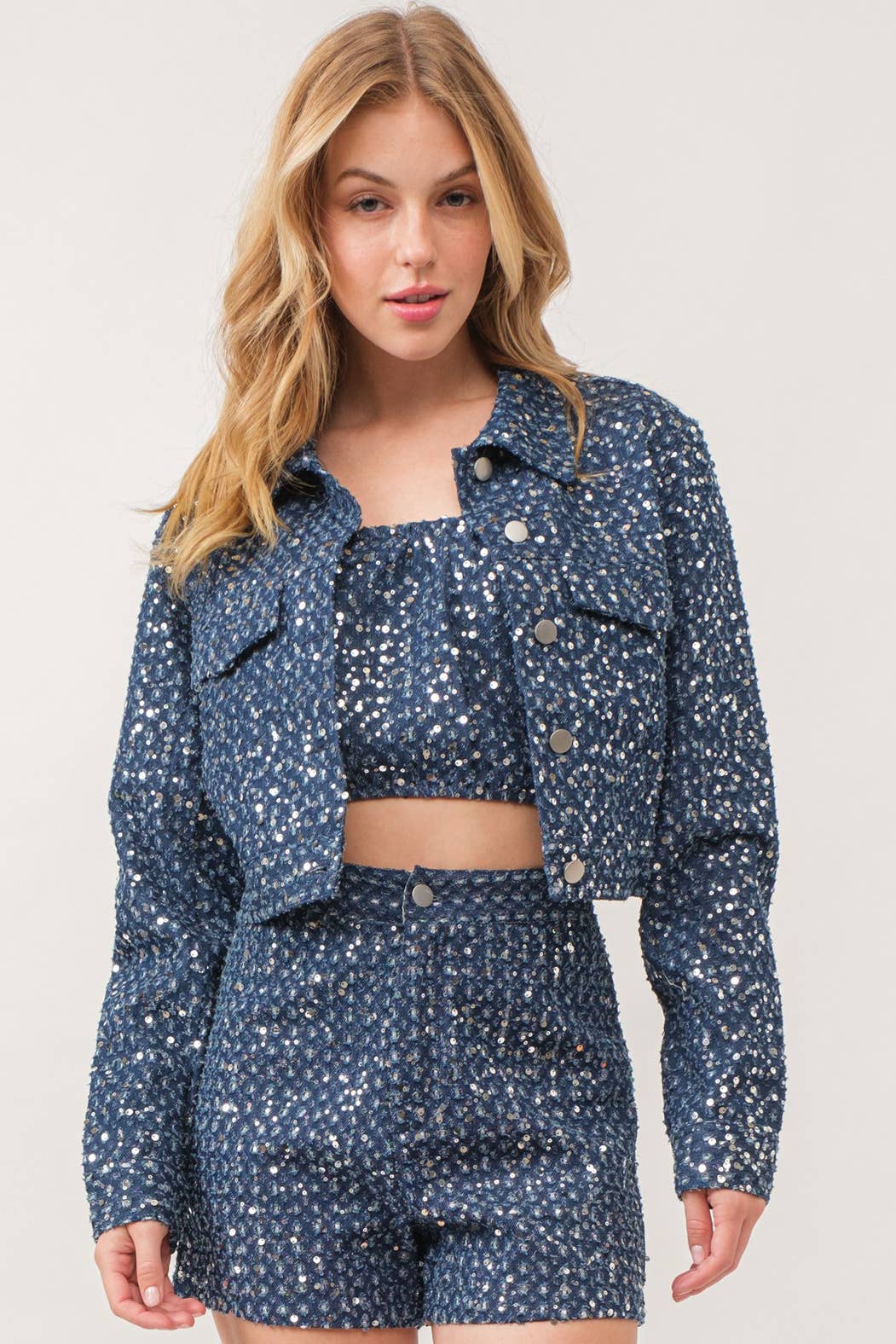 IJ2887- Sequin embellished distressed blue denim jacket