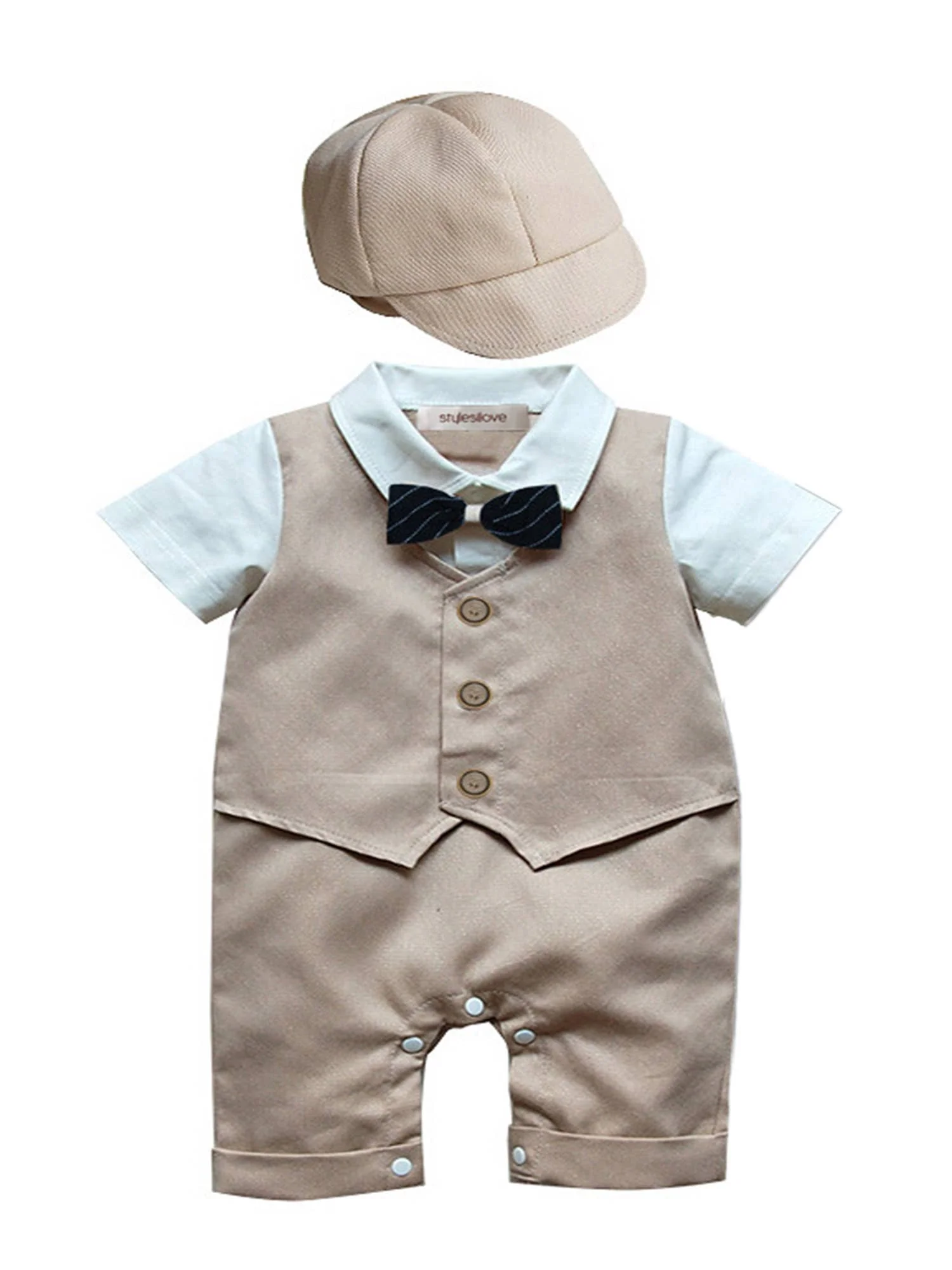 Khaki Tuxedo Baby Romper and Hat - Image 2