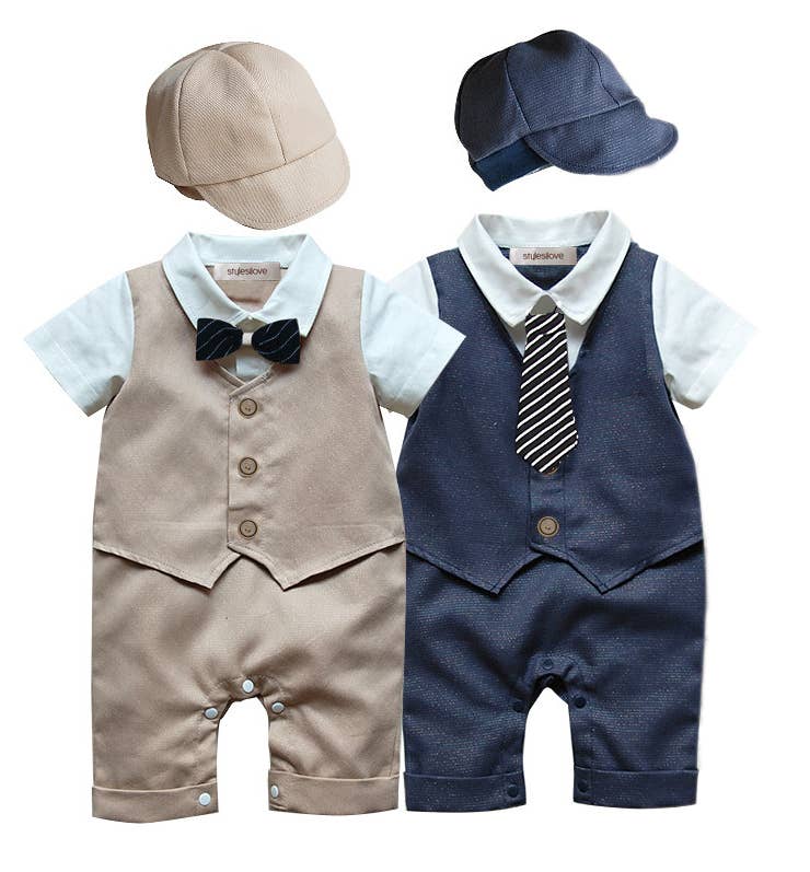 Khaki Tuxedo Baby Romper and Hat - Image 3