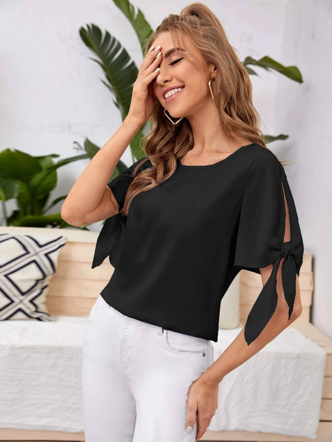 Knot cuff solid blouse - Image 12