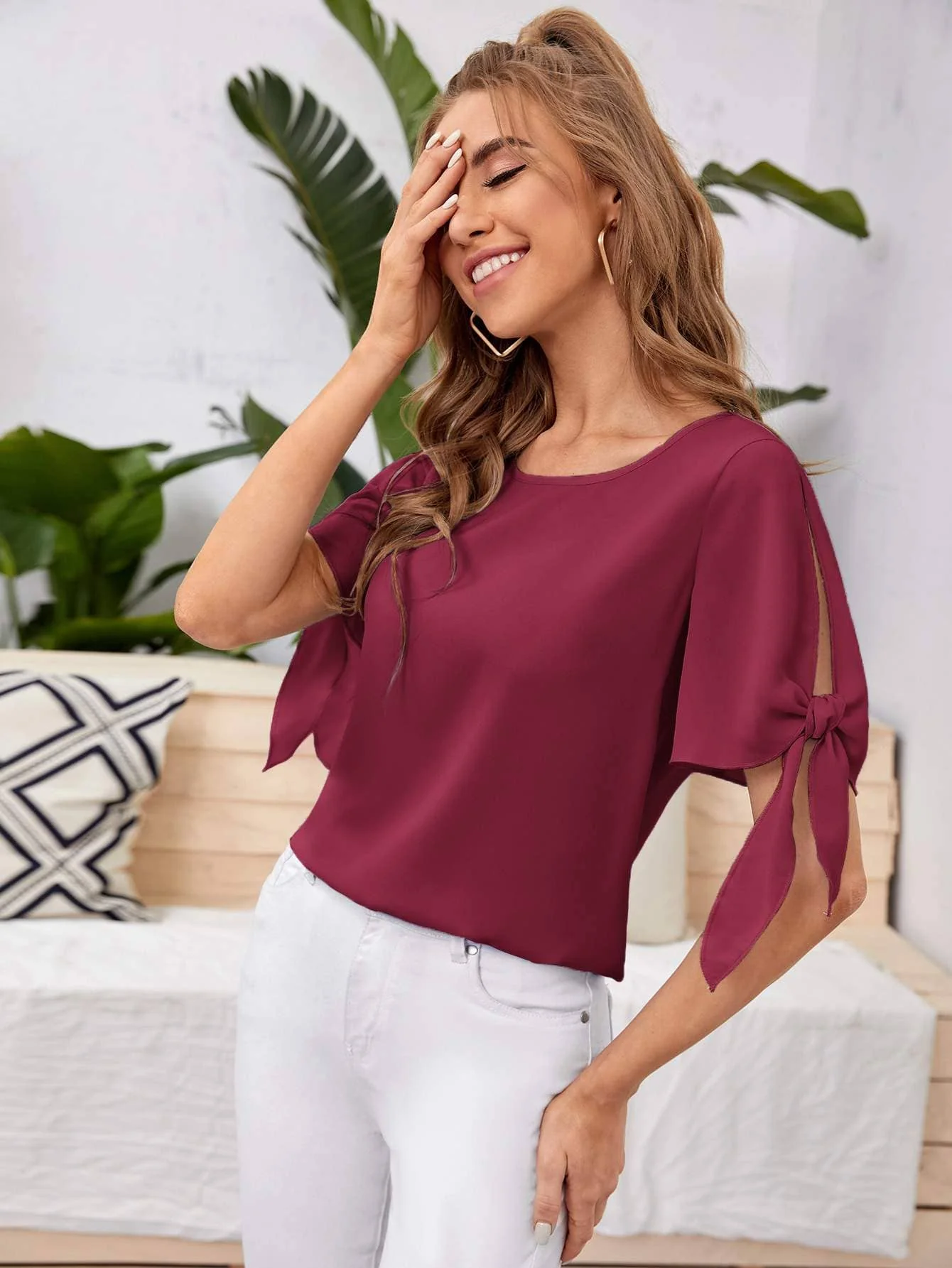 Knot cuff solid blouse - Image 2