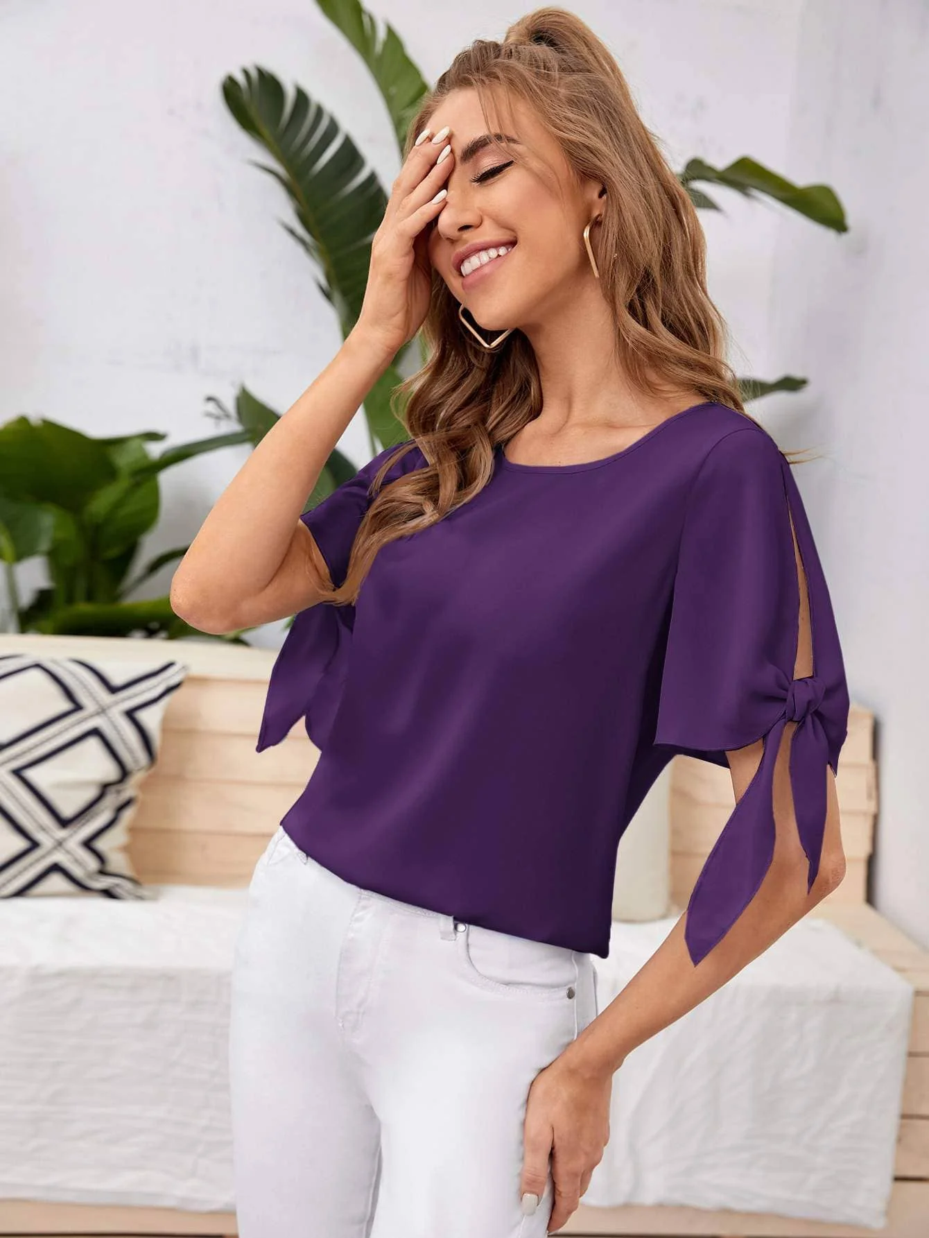 Knot cuff solid blouse - Image 3