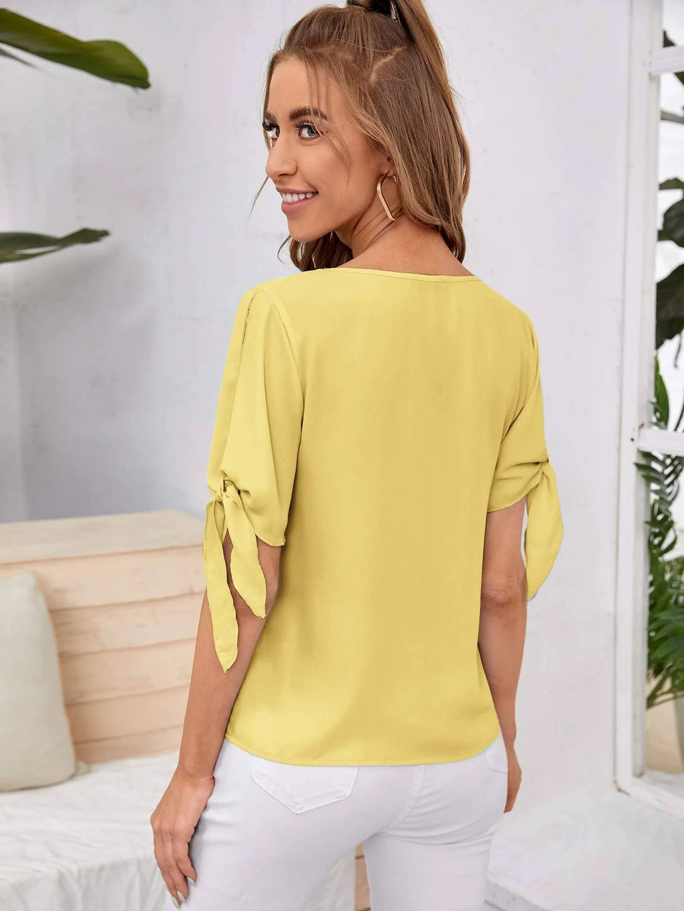 Knot cuff solid blouse - Image 5