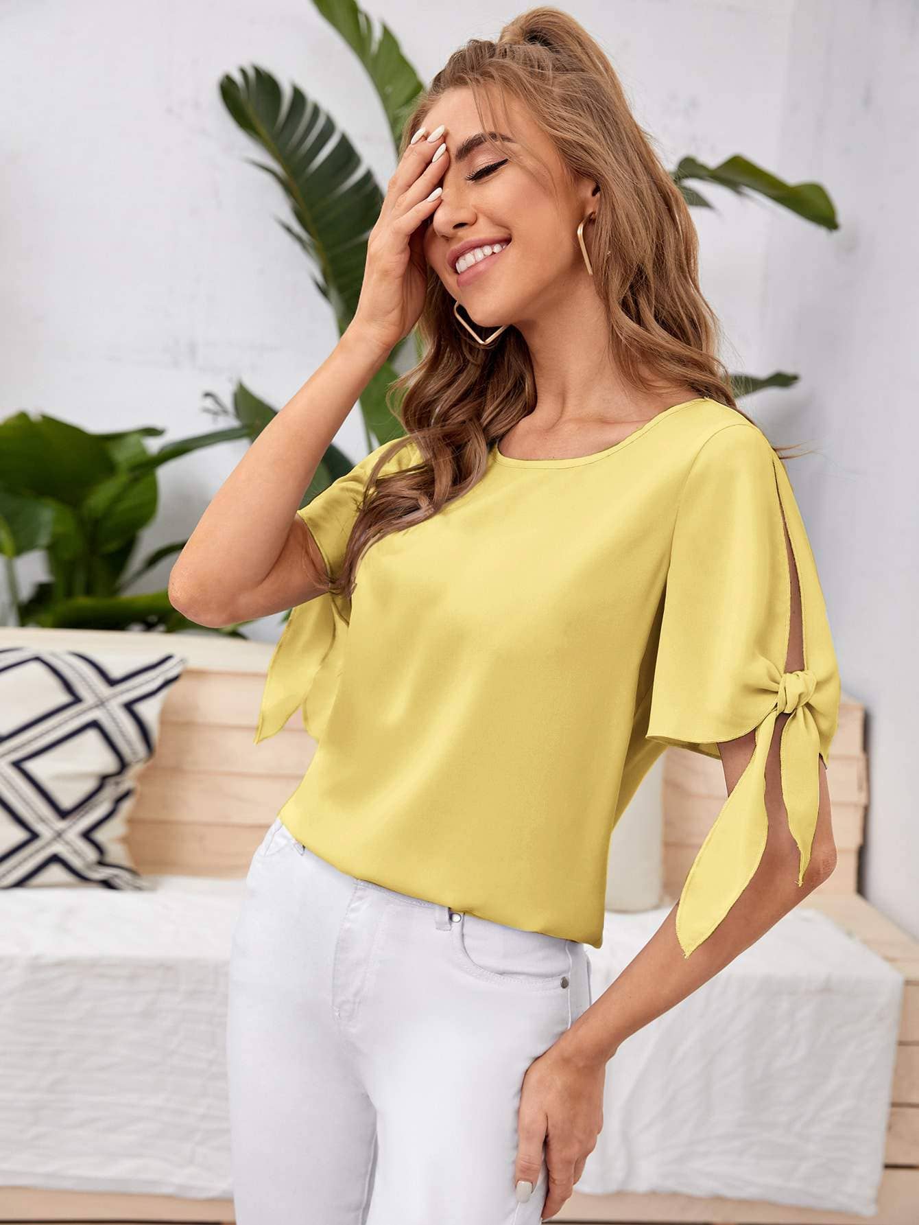 Knot cuff solid blouse - Image 9