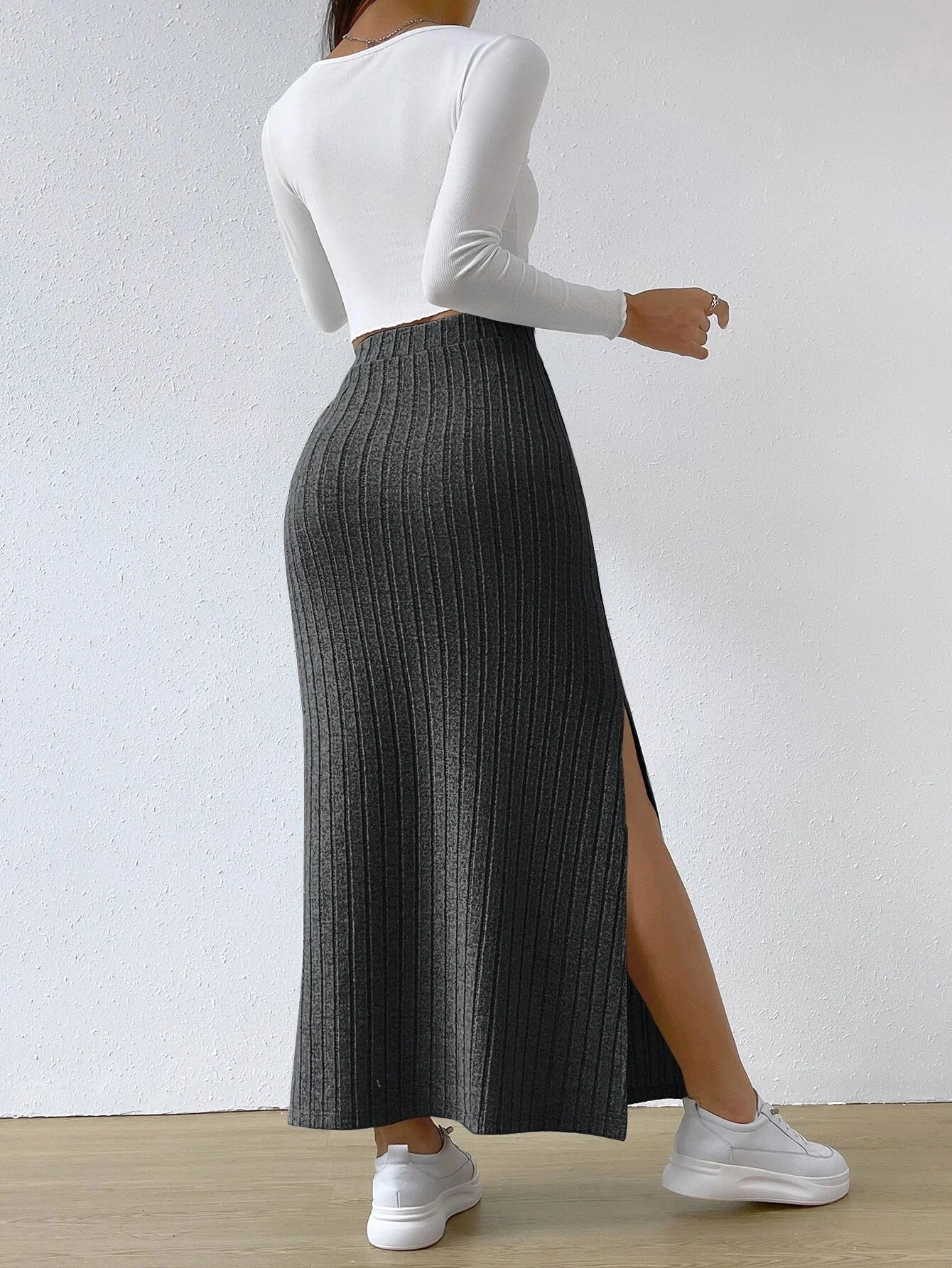 Ladies Solid High Waist Side Split Knit Long Skirt G1013 - Image 17
