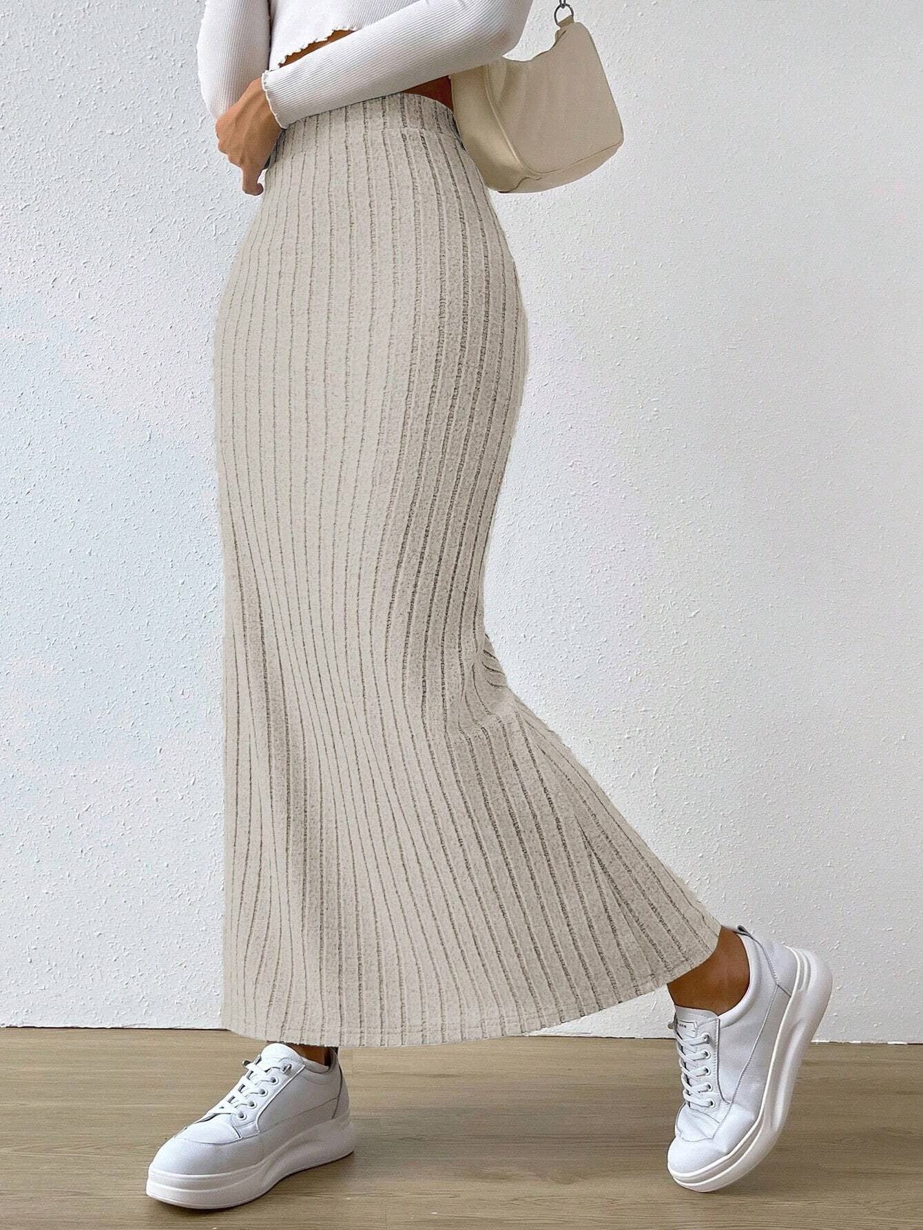 Ladies Solid High Waist Side Split Knit Long Skirt G1013 - Image 3