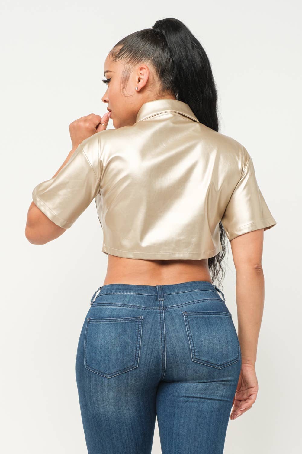 Leather Front Button Down One Pocket Detail Top - Image 10