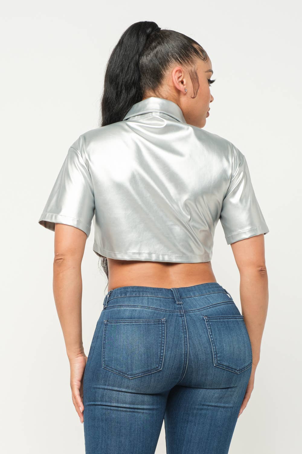Leather Front Button Down One Pocket Detail Top - Image 15