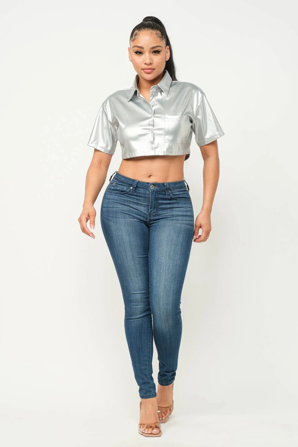 Leather Front Button Down One Pocket Detail Top - Image 16
