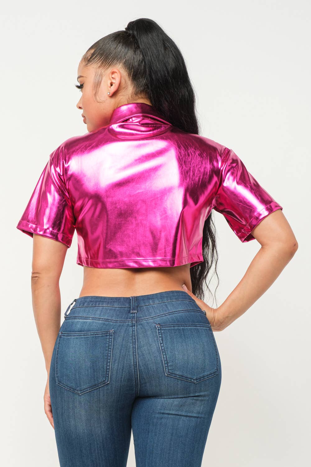 Leather Front Button Down One Pocket Detail Top - Image 4