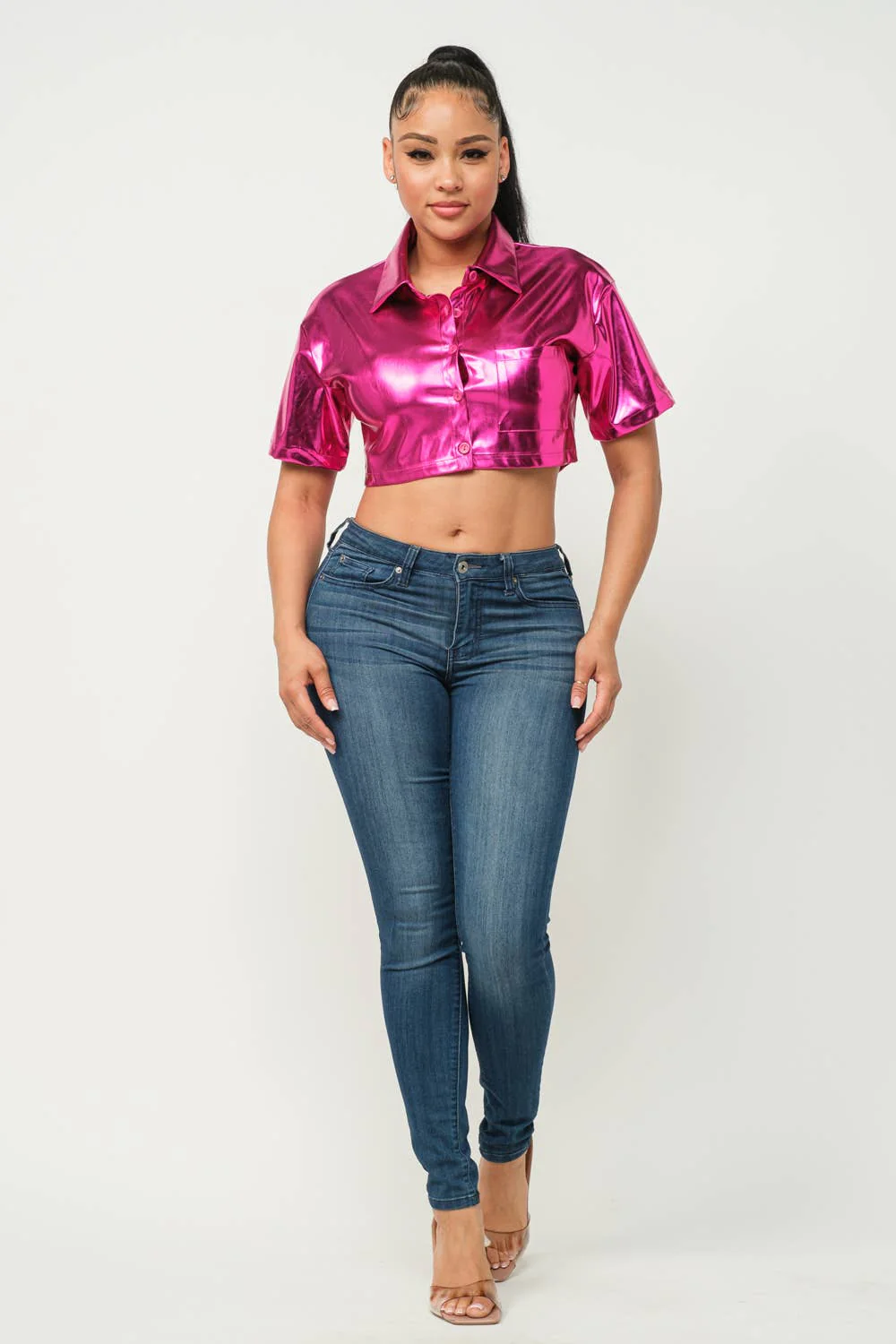 Leather Front Button Down One Pocket Detail Top - Image 5