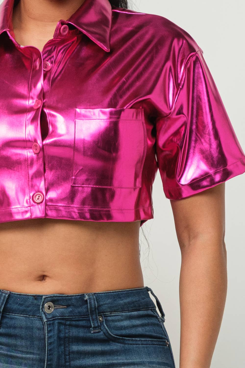 Leather Front Button Down One Pocket Detail Top - Image 6