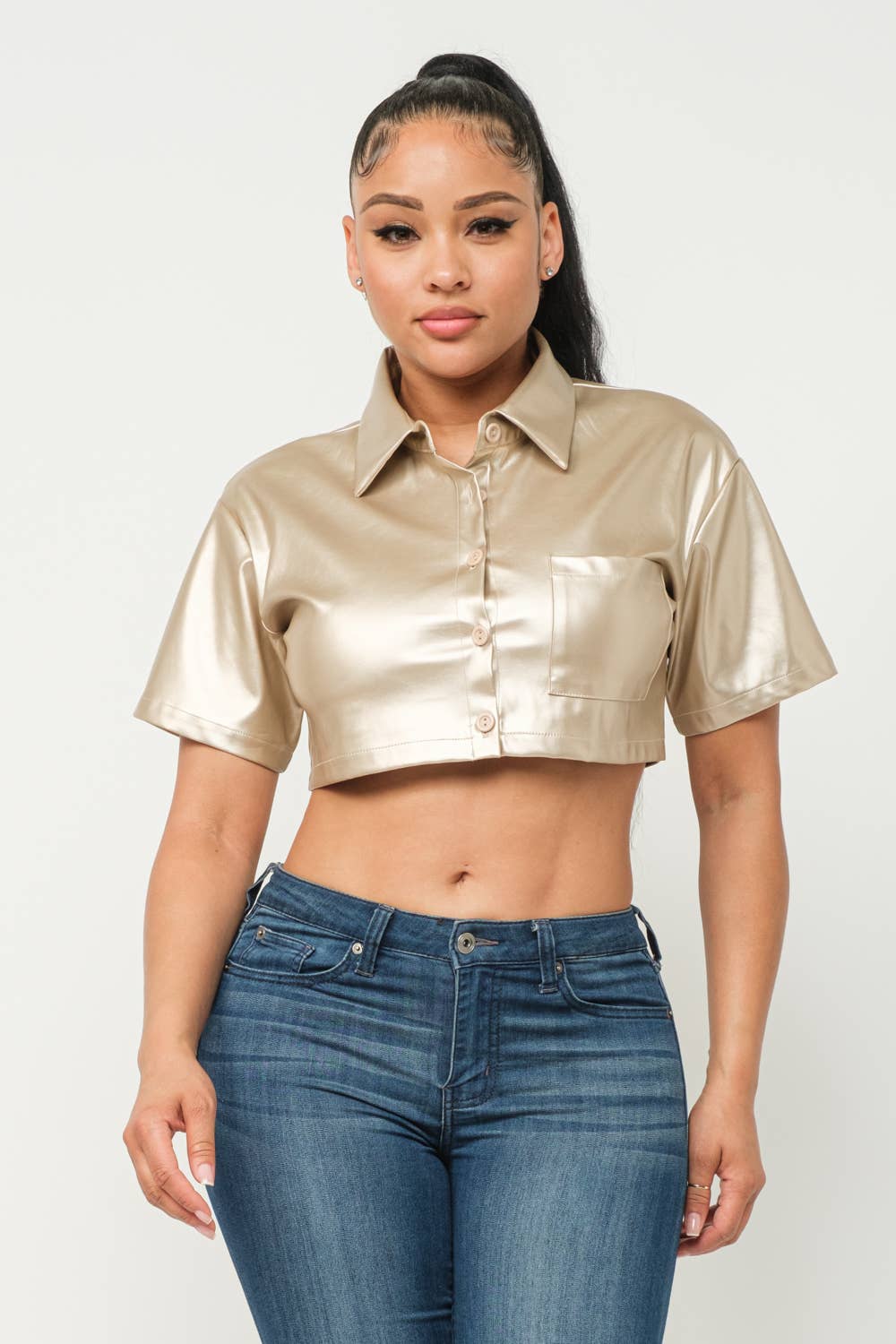 Leather Front Button Down One Pocket Detail Top - Image 7