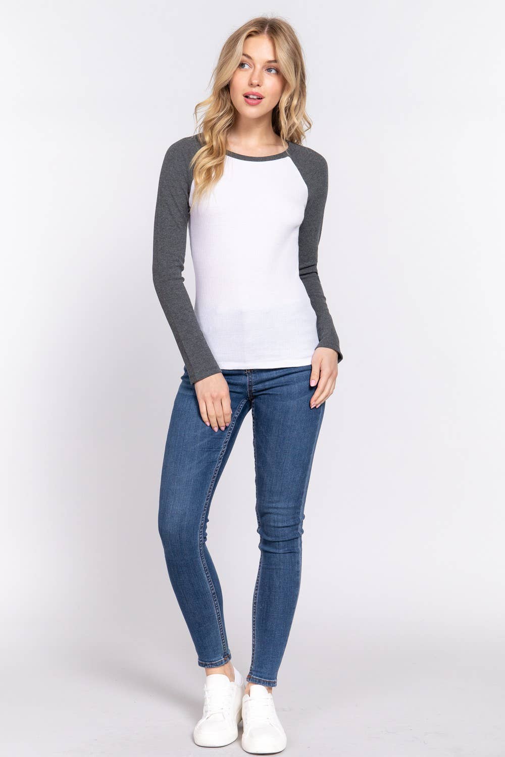 Long Raglan Sleeve Color Block Thermal Knit Top - Image 8