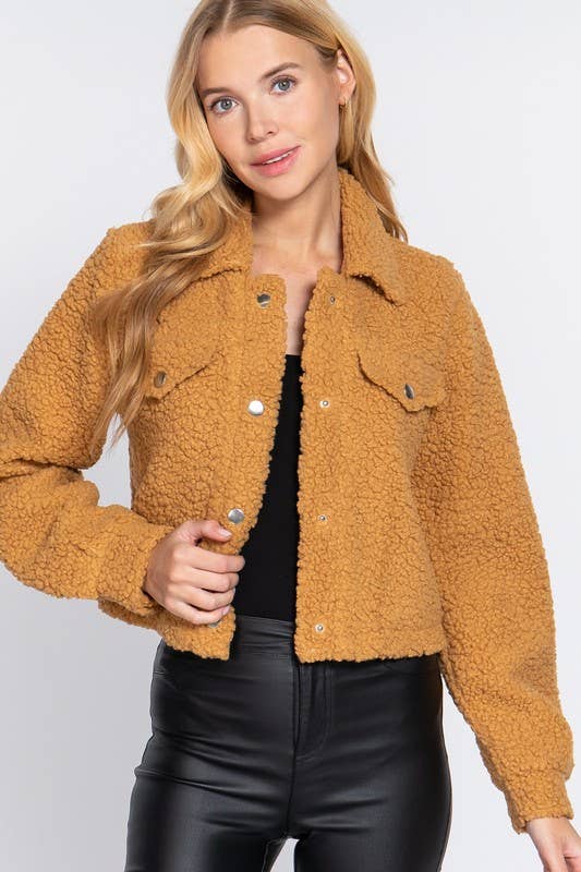 Long Sleeve Pocket Flap Button Down Faux Fur Jacket