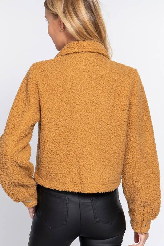 Long Sleeve Pocket Flap Button Down Faux Fur Jacket - Image 2