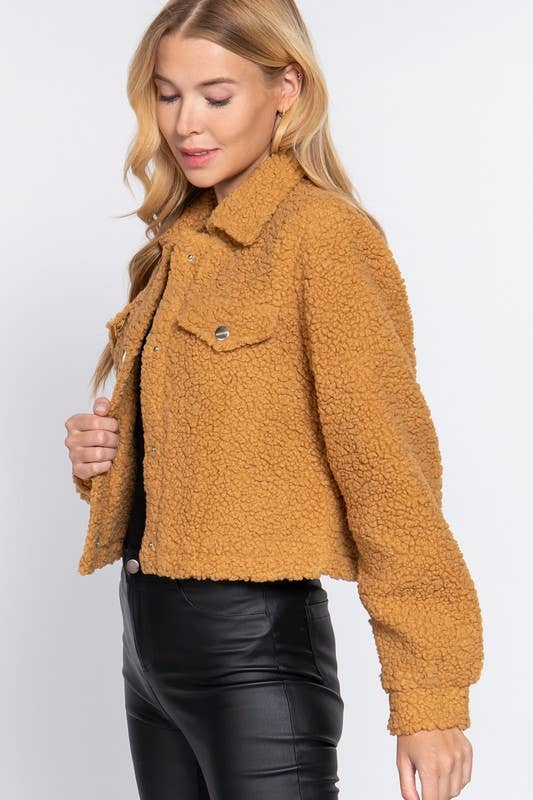 Long Sleeve Pocket Flap Button Down Faux Fur Jacket - Image 3