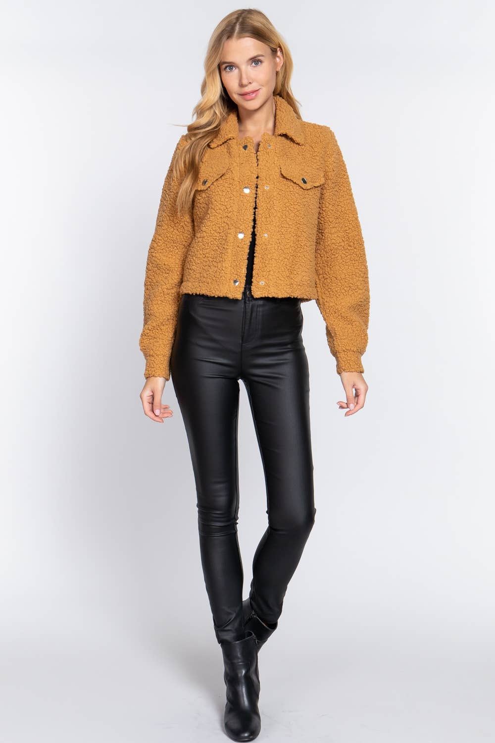 Long Sleeve Pocket Flap Button Down Faux Fur Jacket - Image 4