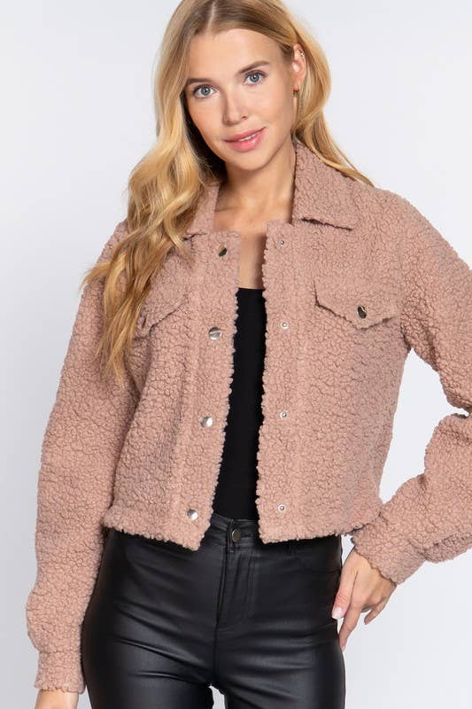 Long Sleeve Pocket Flap Button Down Faux Fur Jacket - Image 5