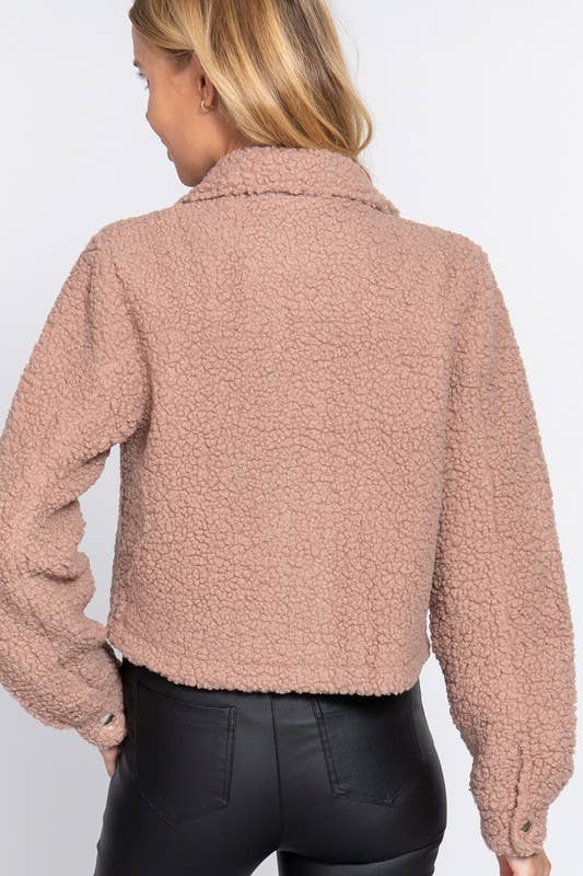 Long Sleeve Pocket Flap Button Down Faux Fur Jacket - Image 6