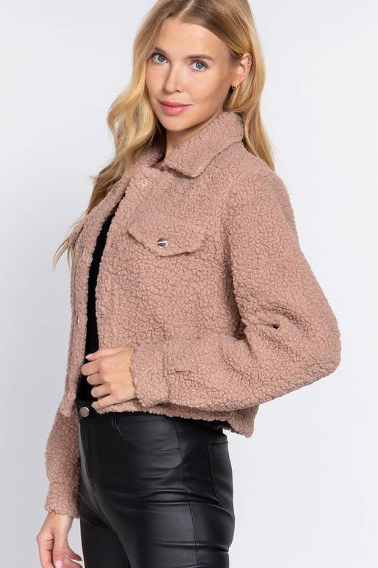 Long Sleeve Pocket Flap Button Down Faux Fur Jacket - Image 7