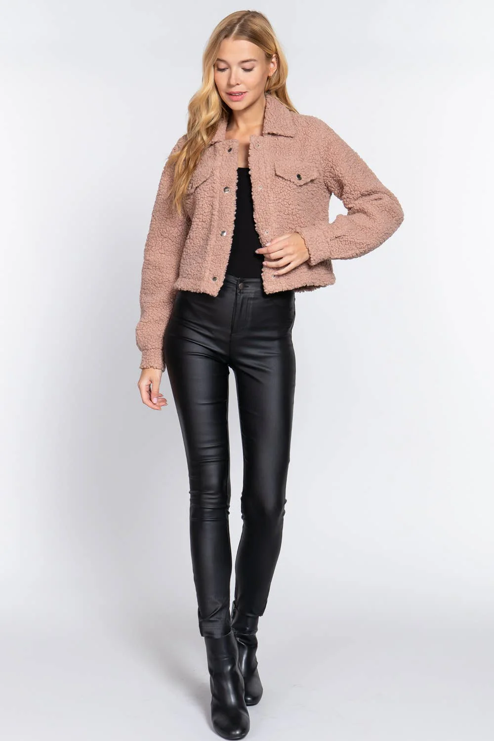 Long Sleeve Pocket Flap Button Down Faux Fur Jacket - Image 8