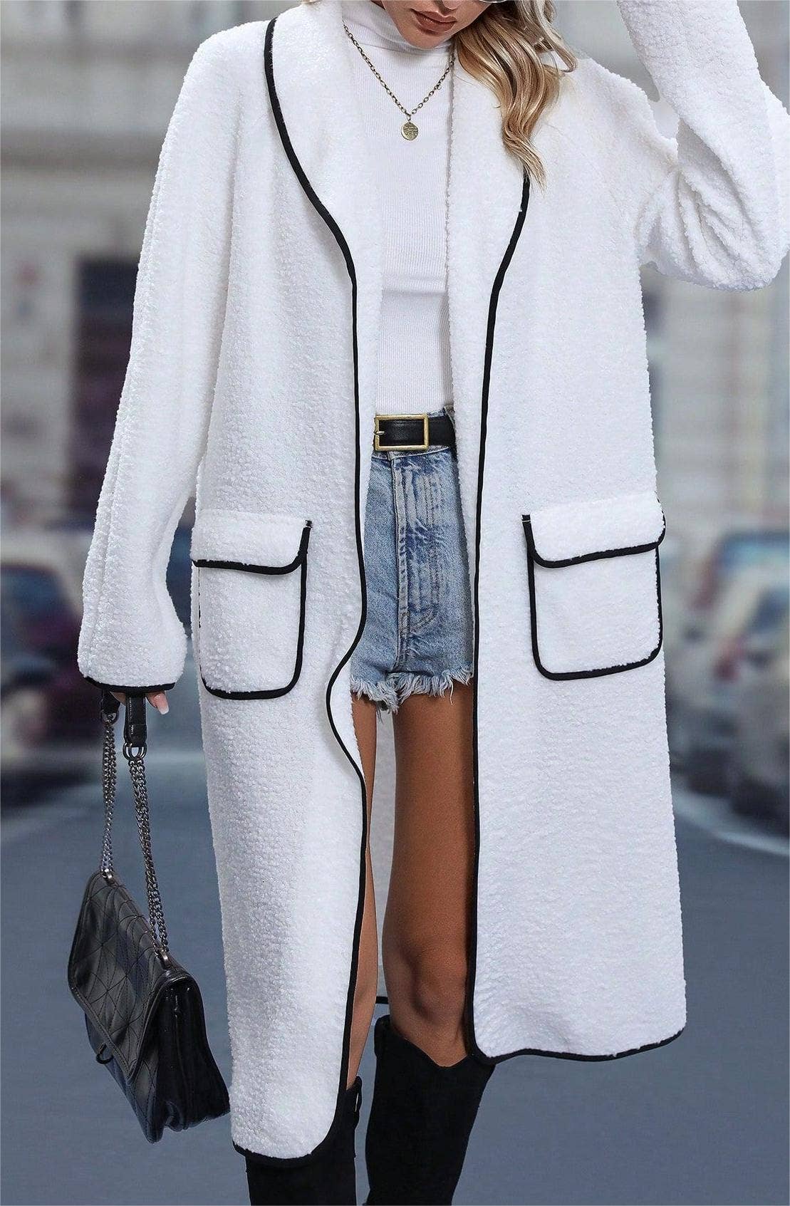 Long white lapel woolen coat - Image 2
