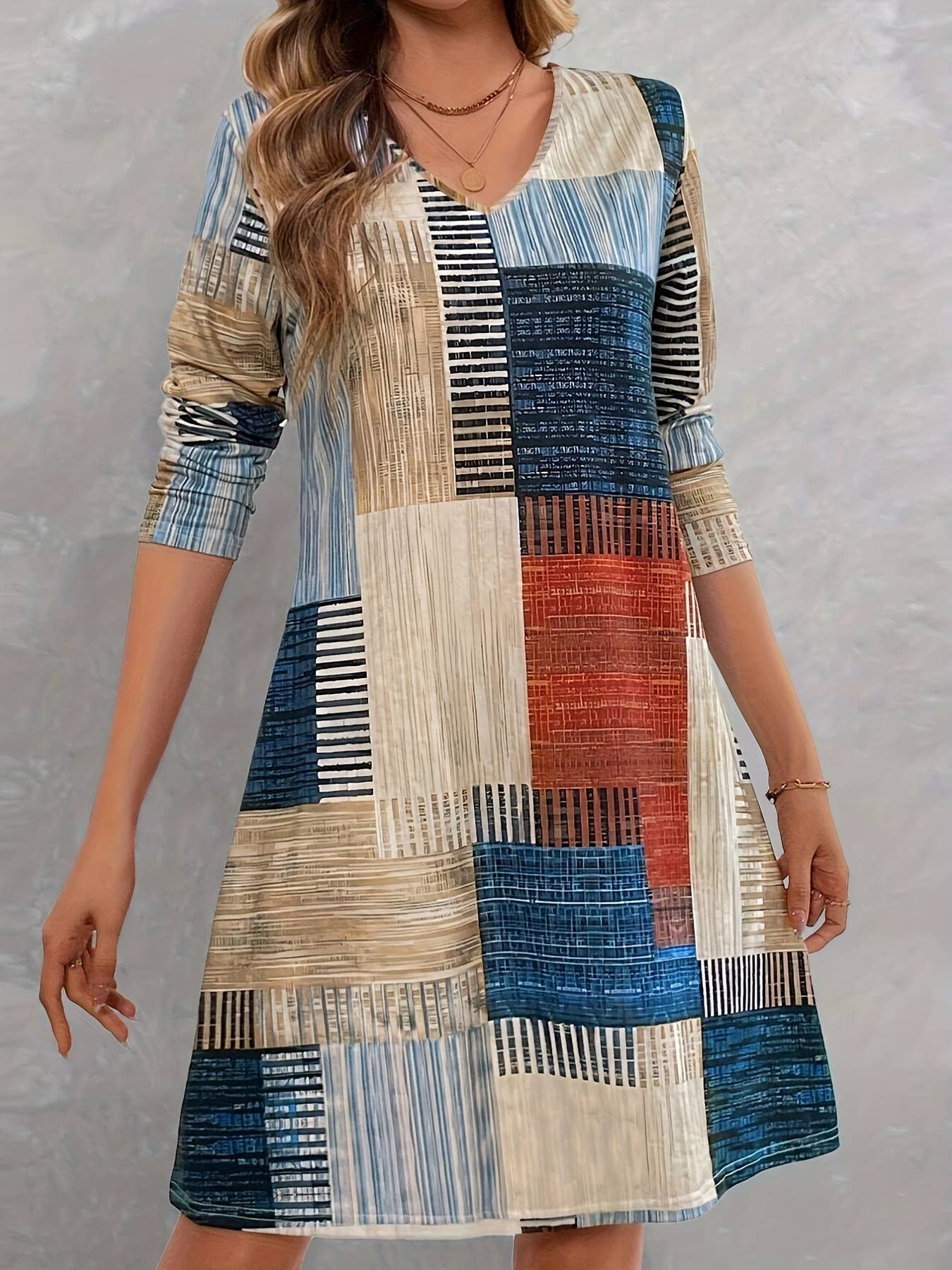 LOOSE FASHION V-NECK COLORFUL PLAID DRESS - Image 2