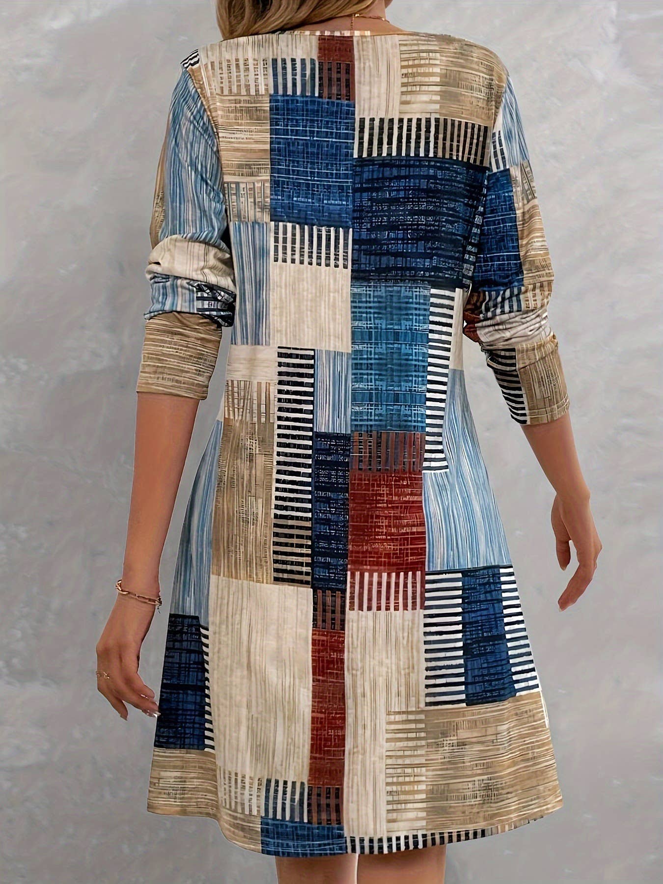 LOOSE FASHION V-NECK COLORFUL PLAID DRESS - Image 3
