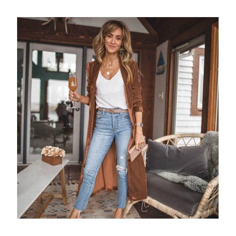 Loose Velvet Long Cardigan Coat With Elasticity - Image 5