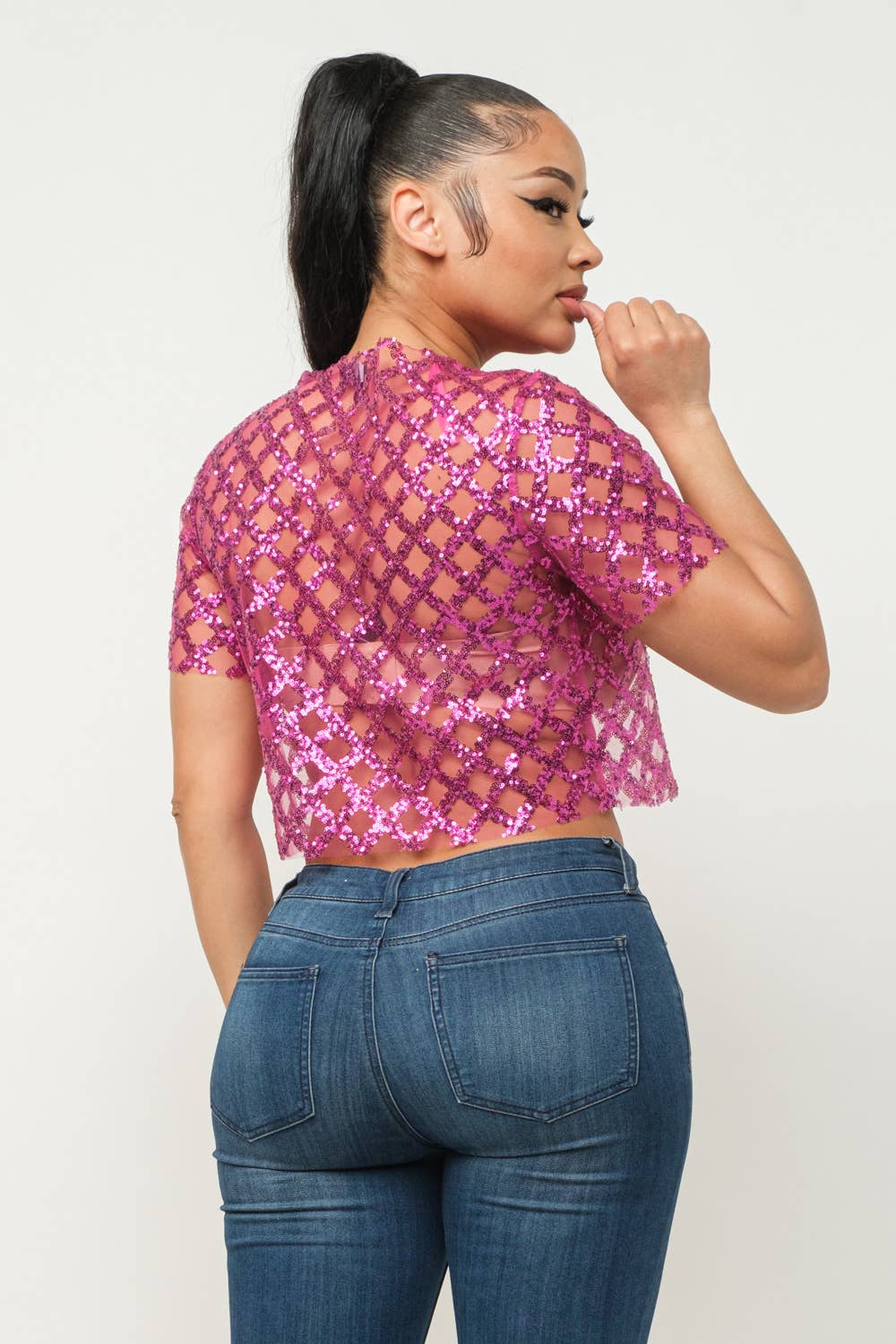 Mesh All Over Glitter Sequins Detail Crop Top - Image 10