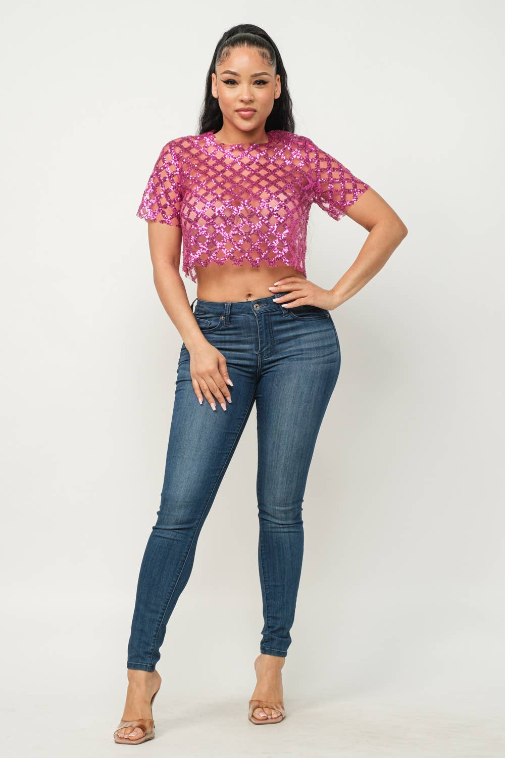 Mesh All Over Glitter Sequins Detail Crop Top - Image 11