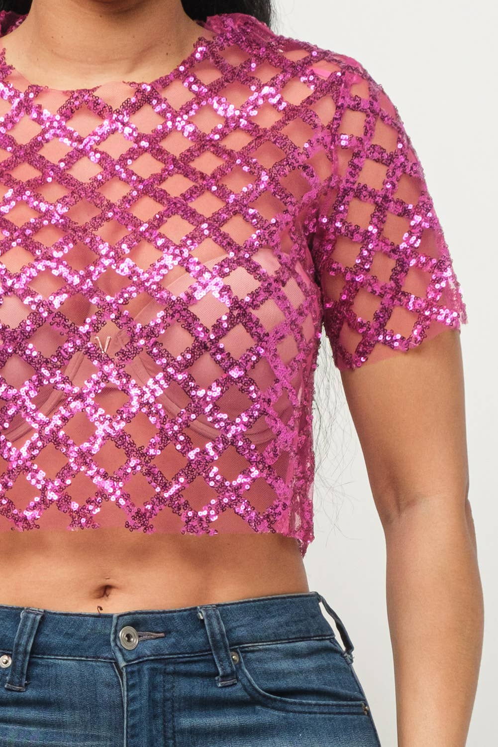 Mesh All Over Glitter Sequins Detail Crop Top - Image 12
