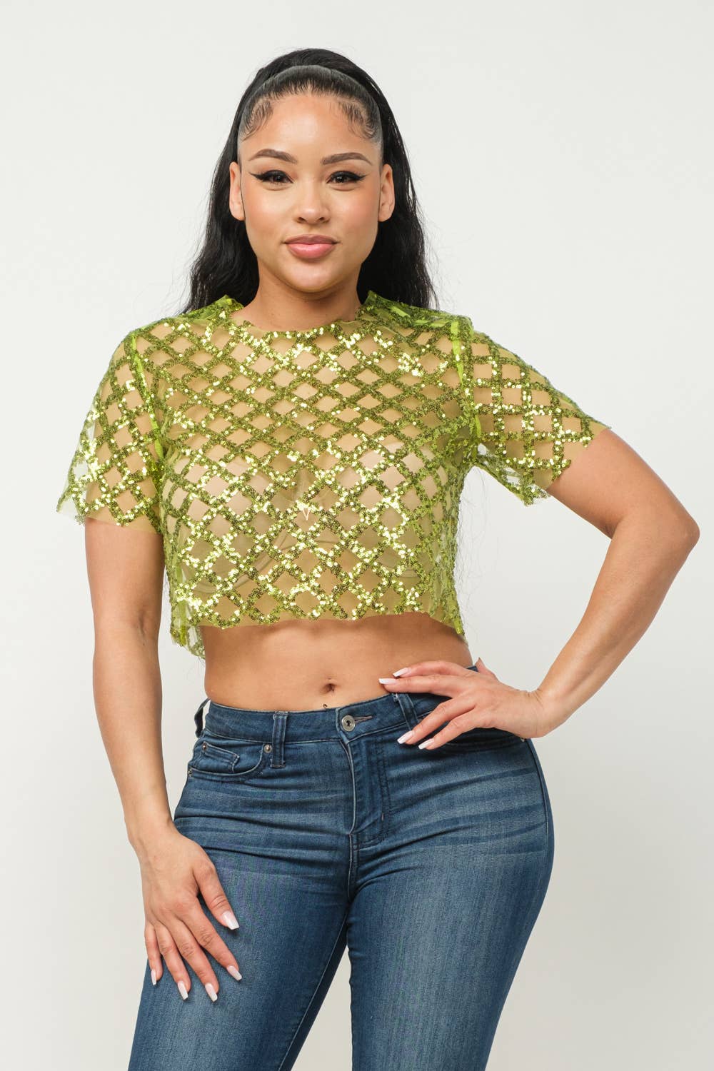 Mesh All Over Glitter Sequins Detail Crop Top - Image 13