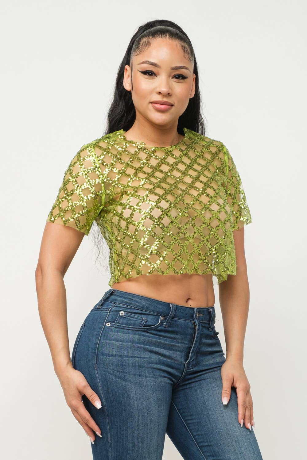 Mesh All Over Glitter Sequins Detail Crop Top - Image 14