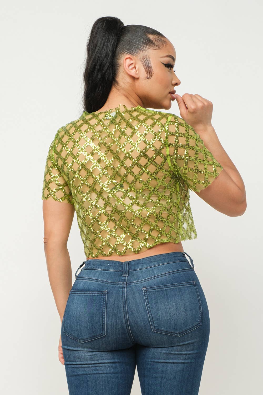 Mesh All Over Glitter Sequins Detail Crop Top - Image 16