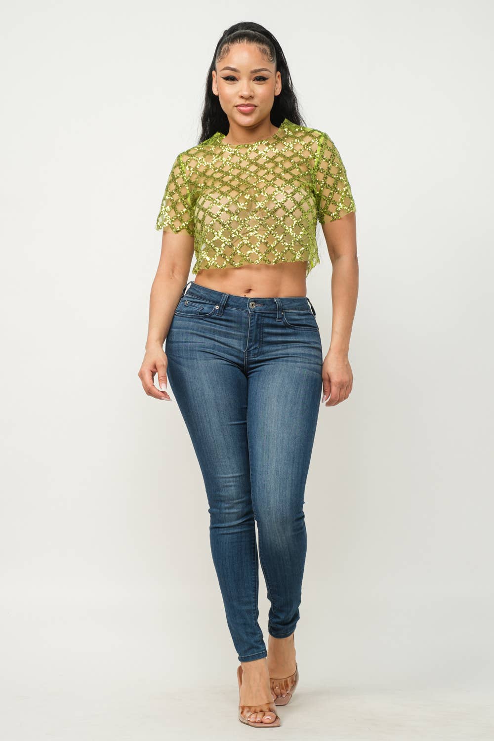 Mesh All Over Glitter Sequins Detail Crop Top - Image 17