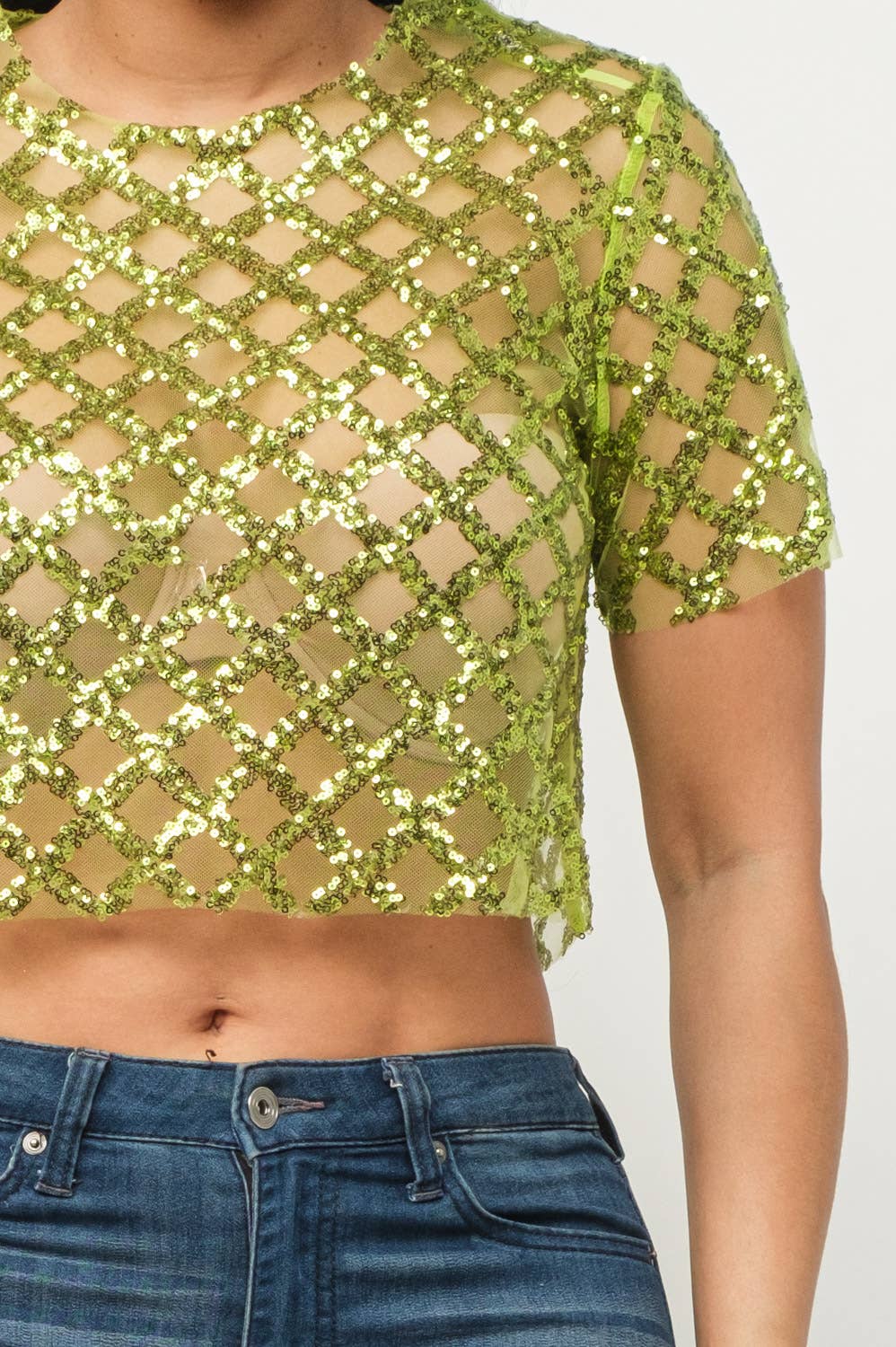 Mesh All Over Glitter Sequins Detail Crop Top - Image 18