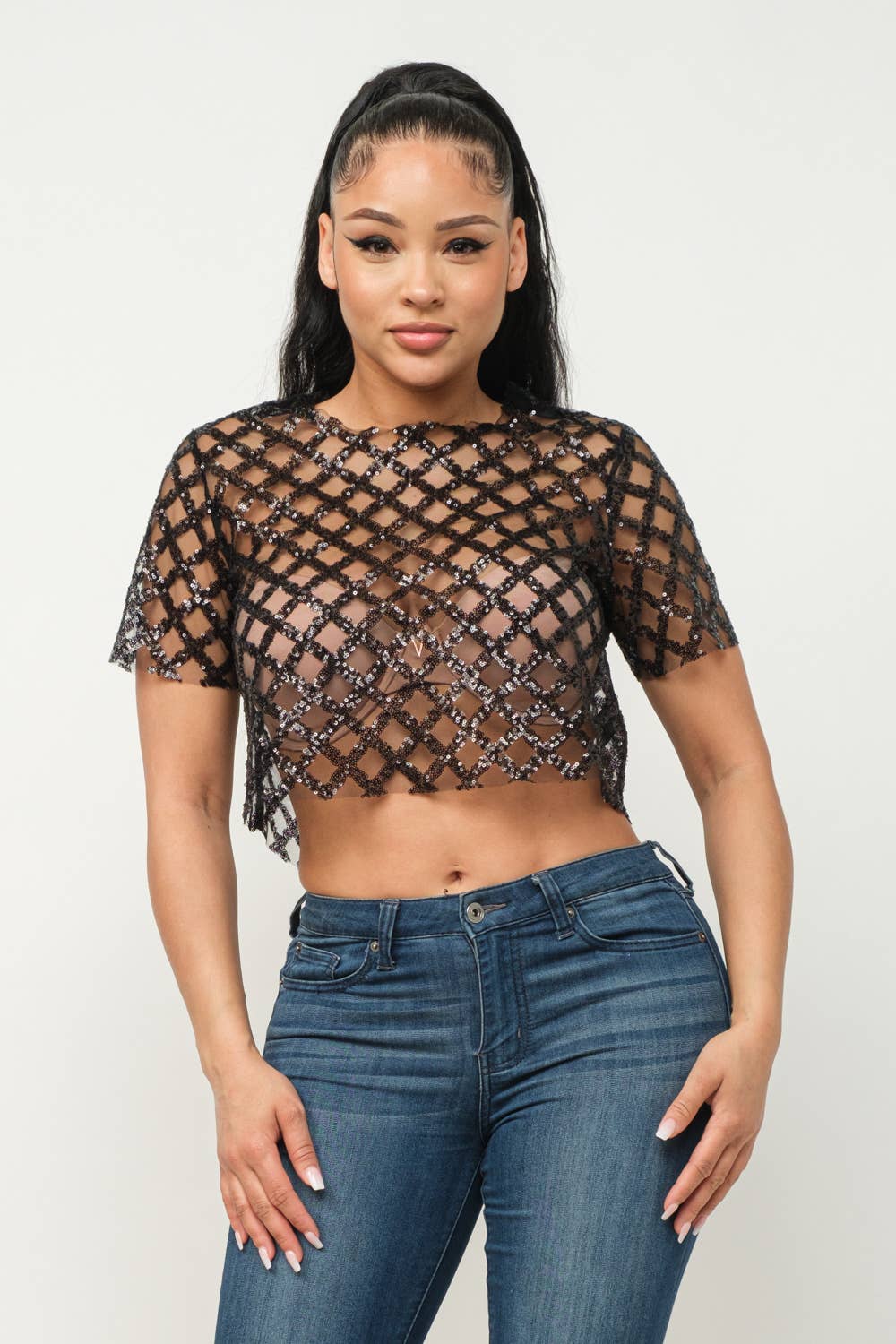 Mesh All Over Glitter Sequins Detail Crop Top - Image 19