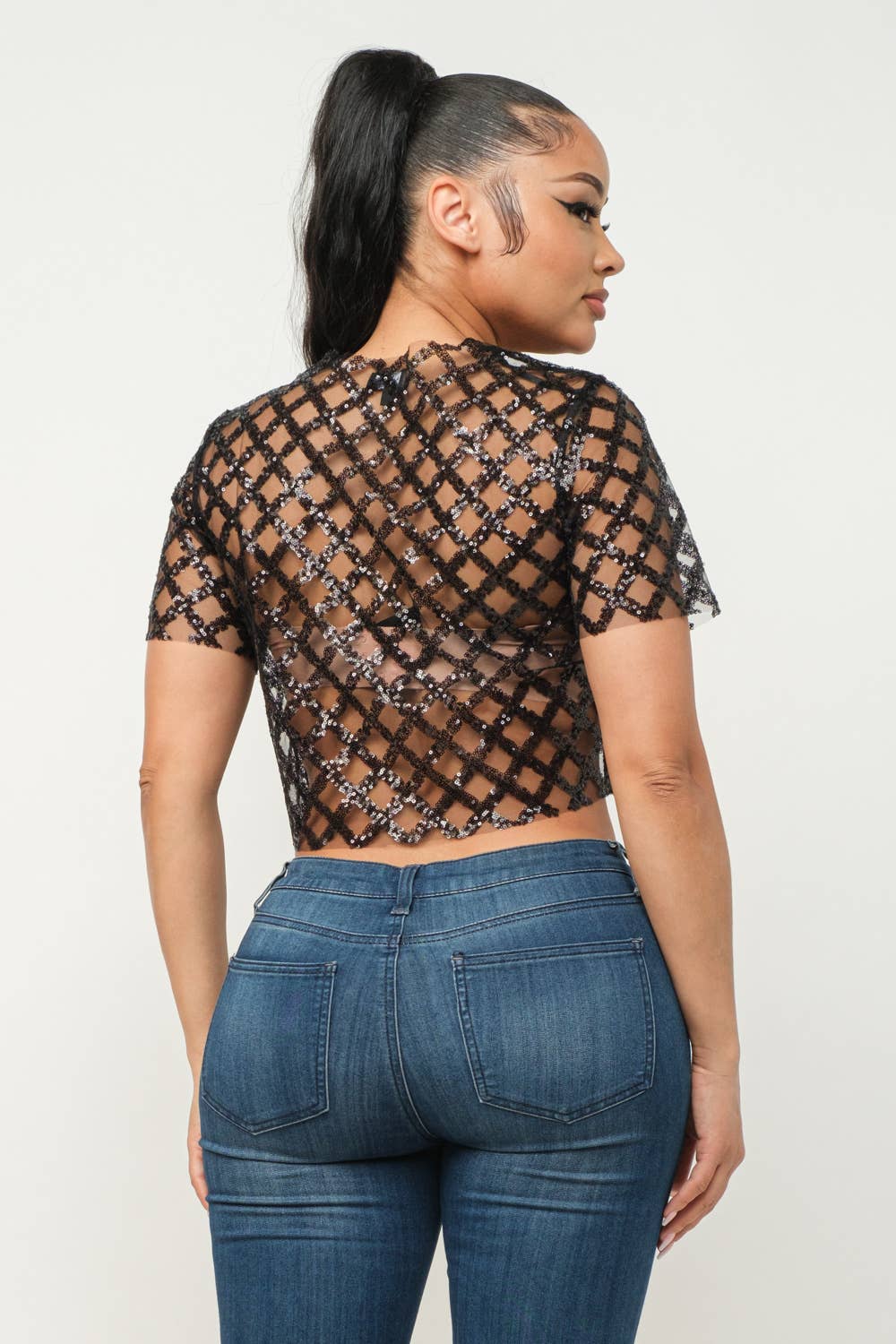 Mesh All Over Glitter Sequins Detail Crop Top - Image 22