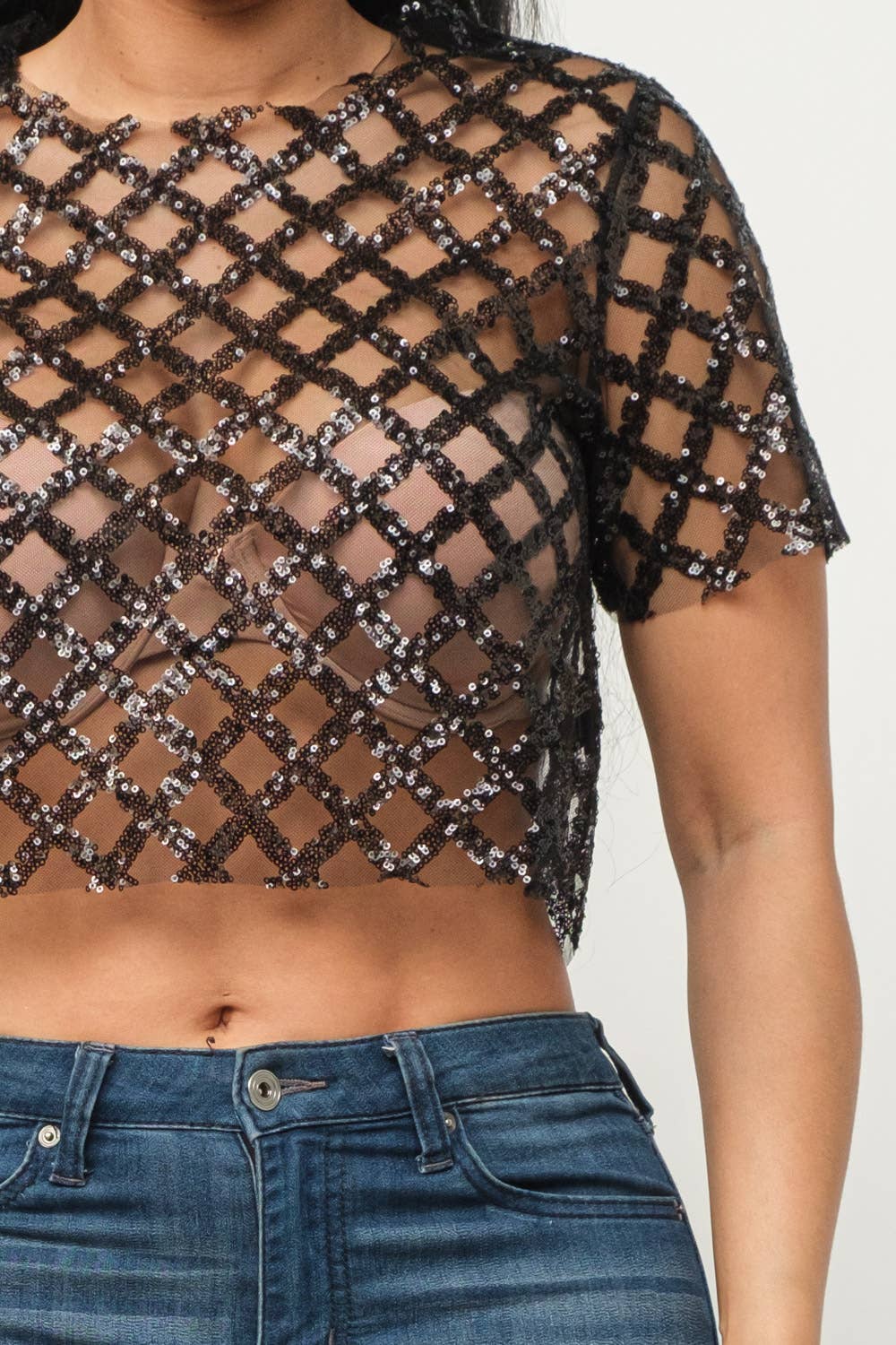 Mesh All Over Glitter Sequins Detail Crop Top - Image 24
