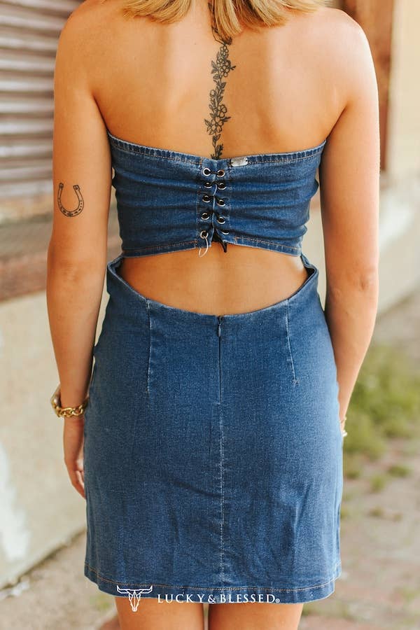 Mid Wash Ivory Stretch Denim Bootstitch Corset Dress - Image 2