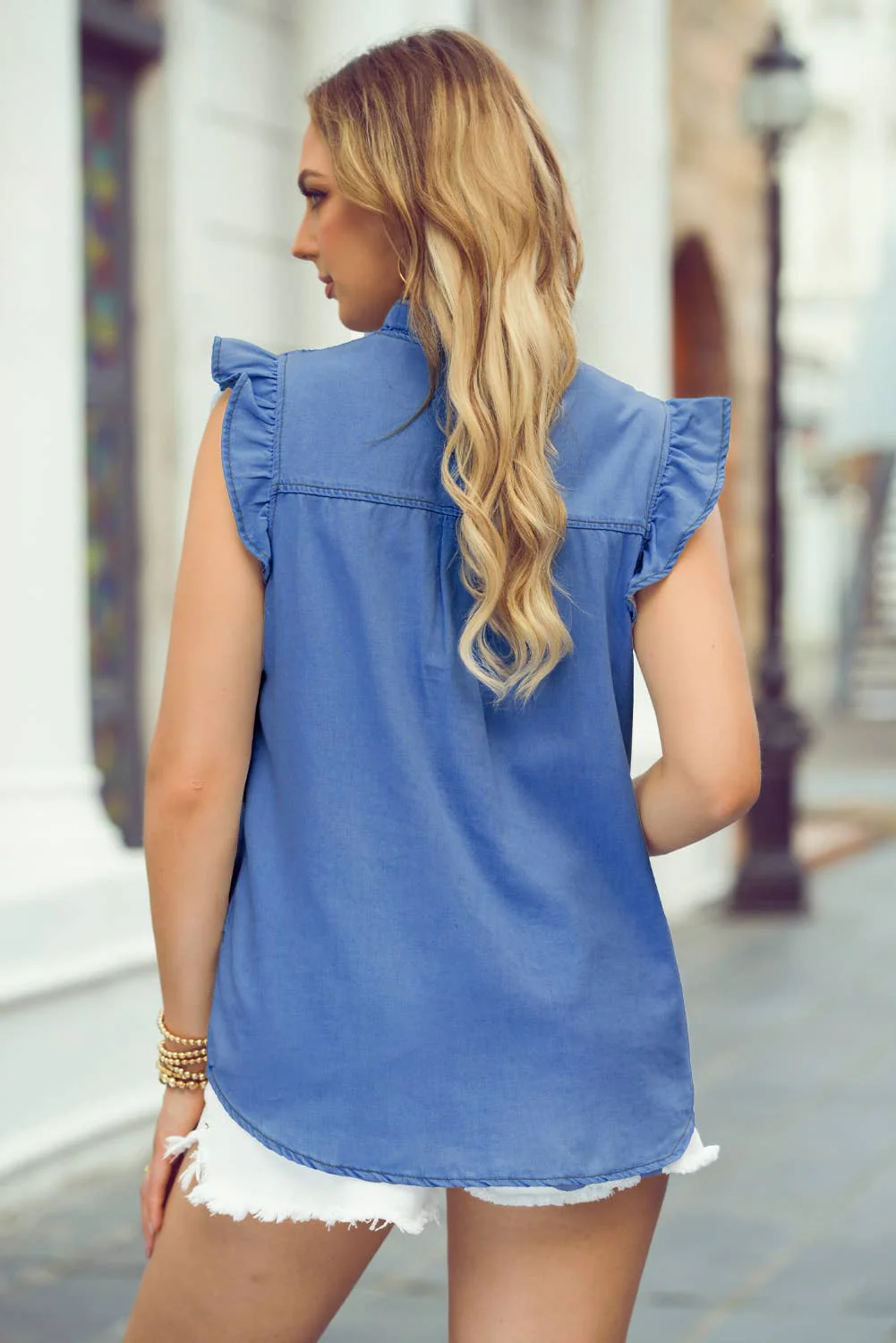 Mineral Wash Cap Sleeve Frilled Button Up Denim Shirt - Image 9